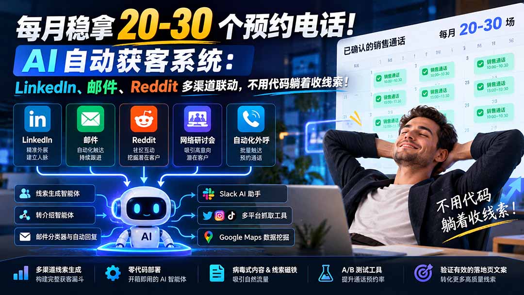 每月稳拿 20-30 个预约电话！AI 自动获客系统：LinkedIn、邮件、Reddit 多渠道联动，不用代码躺着收线索！|一人科技OPC聚合软件