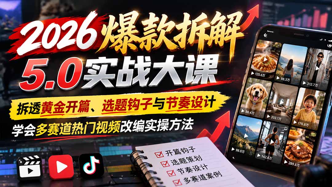 2026爆款拆解5.0实战大课：拆透黄金开篇、选题钩子与节奏设计，学会多赛道热门视频改编实操方法|一人科技OPC聚合软件