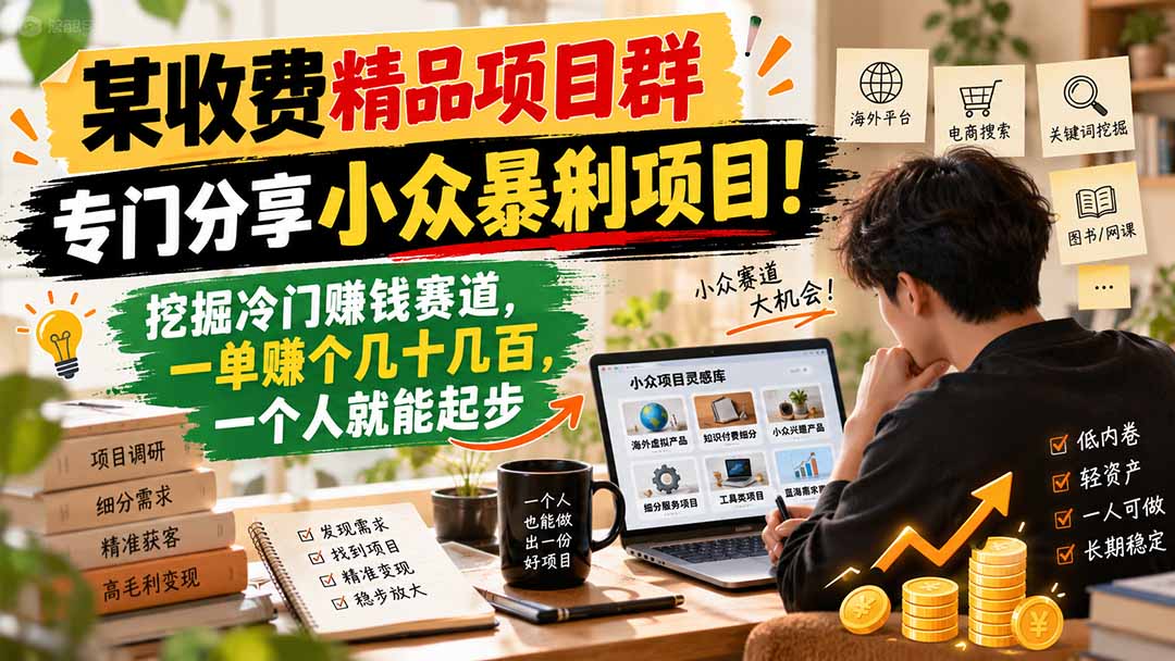 某收费精品项目群，专门分享小众暴俐项目！挖掘冷门赚钱赛道，一单赚个几十几百，一个人就能起步|一人科技OPC聚合软件