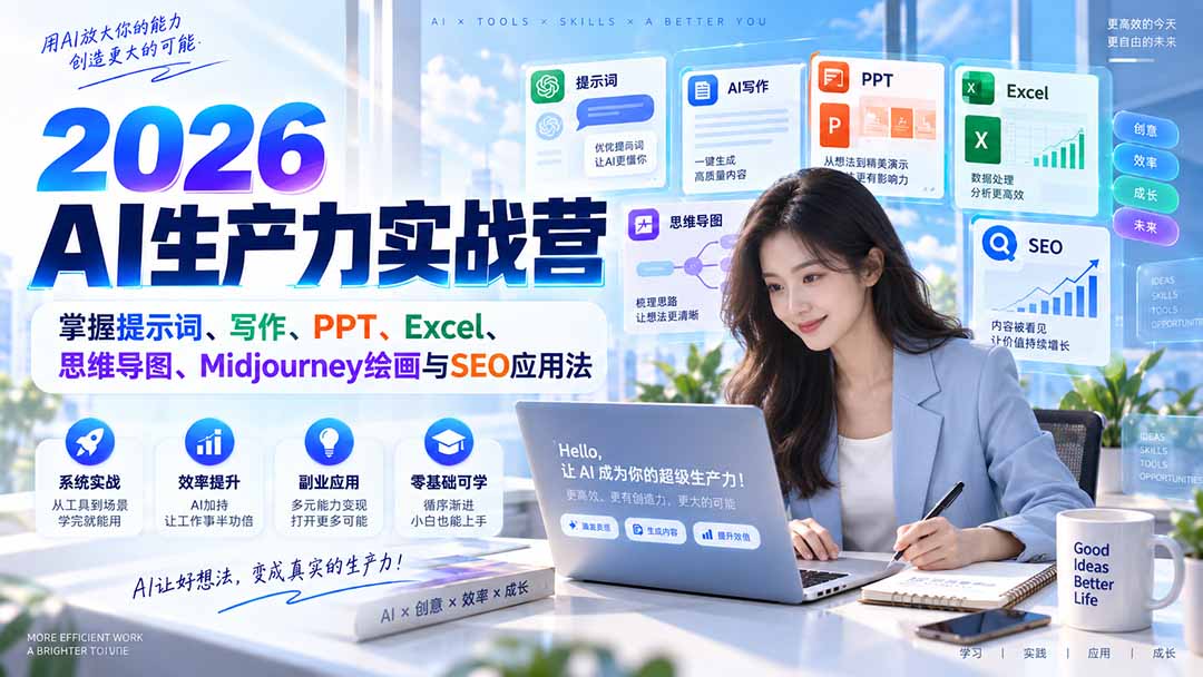 2026AI生产力实战营：掌握提示词、写作、PPT、Excel、思维导图、Midjourney绘画与SEO应用法|一人科技OPC聚合软件
