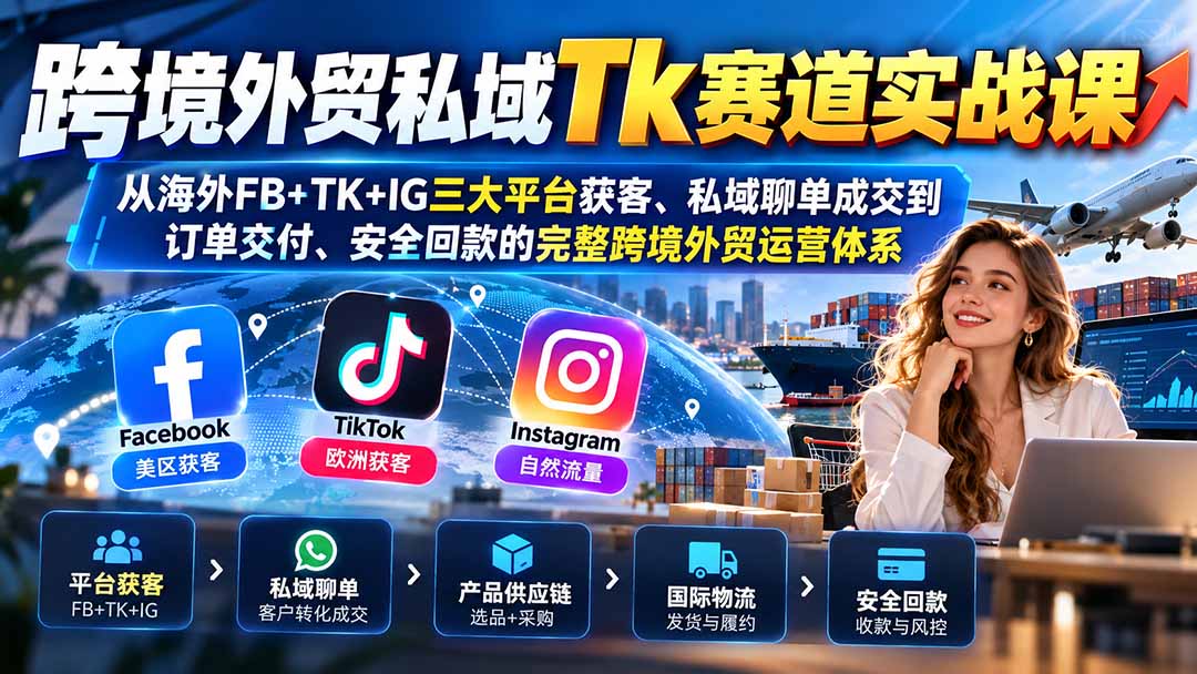 跨境外贸私域Tk赛道实战课：从海外FB+TK+IG三大平台获客、私域聊单成交到订单交付、安全回款的完整跨境外贸运营体系|一人科技OPC聚合软件