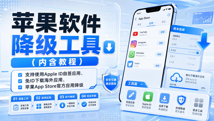 苹果软件降级工具(内含教程)，支持使用Apple ID自签应用、免ID下载海外应用、苹果App Store官方应用降级等|一人科技OPC聚合软件