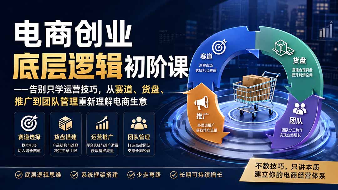 电商创业底层逻辑初阶课——告别只学运营技巧，从赛道、货盘、推广到团队管理重新理解电商生意|一人科技OPC聚合软件