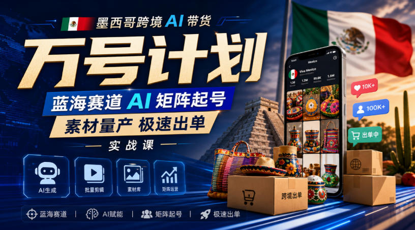 墨西哥跨境AI带货万号计划，蓝海赛道AI矩阵起号，素材量产极速出单实战课|一人科技OPC聚合软件