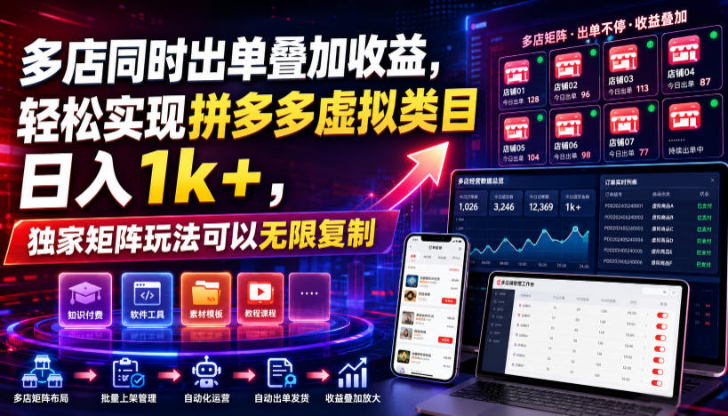 多店同时出单叠加收益，轻松实现拼多多虚拟类目日入1k+，独家矩阵玩法可以无限复制【揭秘】|一人科技OPC聚合软件