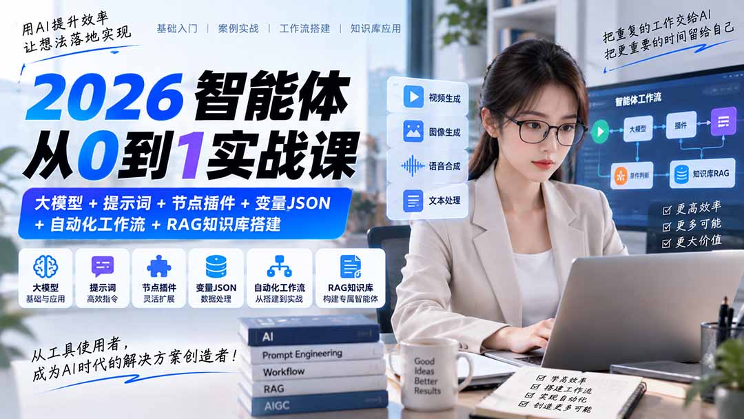 2026智能体从0到1实战课｜大模型+提示词+节点插件+变量JSON+自动化工作流+RAG知识库搭建|一人科技OPC聚合软件