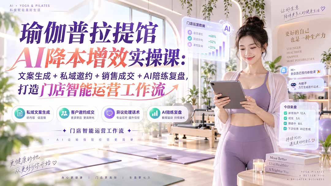 瑜伽普拉提馆AI降本增效实操课：文案生成+私域邀约+销售成交+AI陪练复盘，打造门店智能运营工作流|一人科技OPC聚合软件