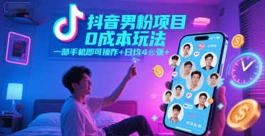 抖音男粉项目0成本玩法，一部手机即可操作，日均4张+，时间自由|HOOK协议网