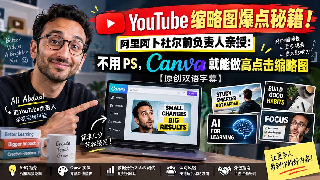 YouTube 缩略图爆点秘籍！阿里阿卜杜尔前负责人亲授：不用 PS，Canva 就能做高点击缩略图【原创双语字幕】|一人科技OPC聚合软件