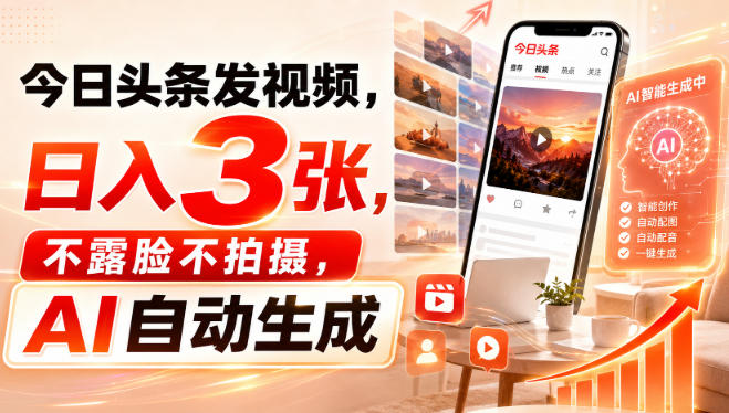 今日头条发视频，日入3张，不露脸不拍摄，AI自动生成|一人科技OPC聚合软件