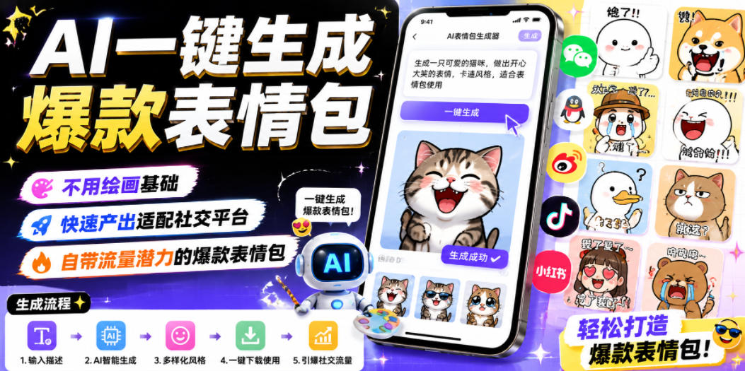 AI一键生成爆款表情包，不用绘画基础，快速产出适配社交平台，自带流量潜力的爆款表情包|一人科技公司导航