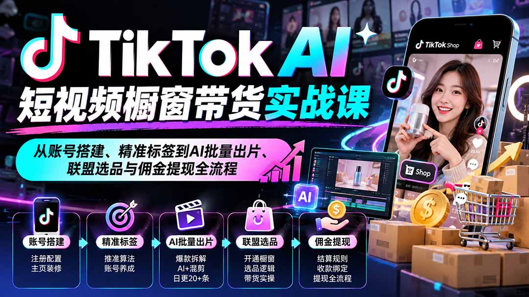 TikTok AI短视频橱窗带货实战课：从账号搭建、精准标签到AI批量出片、联盟选品与佣金提现全流程|一人科技OPC聚合软件