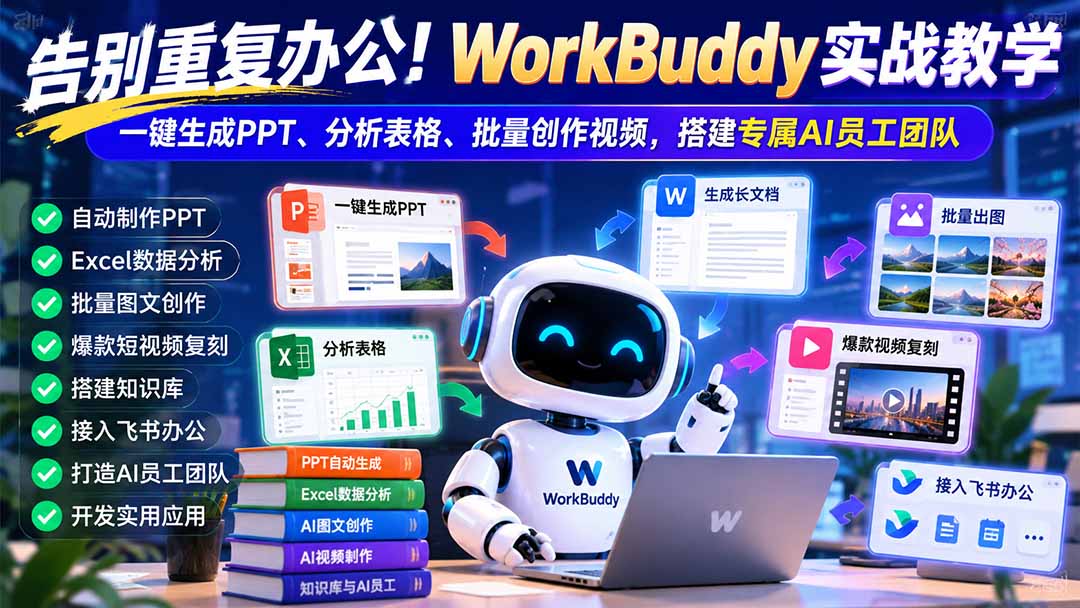 告别重复办公！WorkBuddy实战教学：一键生成PPT、分析表格、批量创作视频，搭建专属AI员工团队|一人科技OPC聚合软件