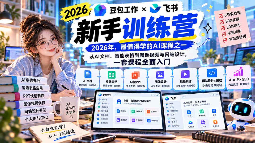 2026豆包工作+飞书新手训练营-9月新课：从AI文档、智能表格到图像视频与网站设计，一套课程全面入门|一人科技OPC聚合软件
