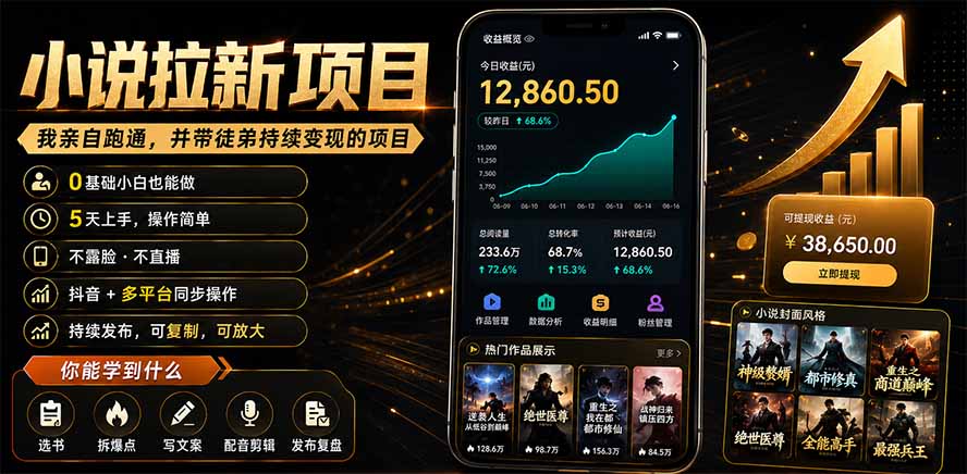 抖音及多平台小说拉新项目：我亲自跑通并持续带徒弟实操｜0基础小白5天上手快速变现|一人科技OPC聚合软件