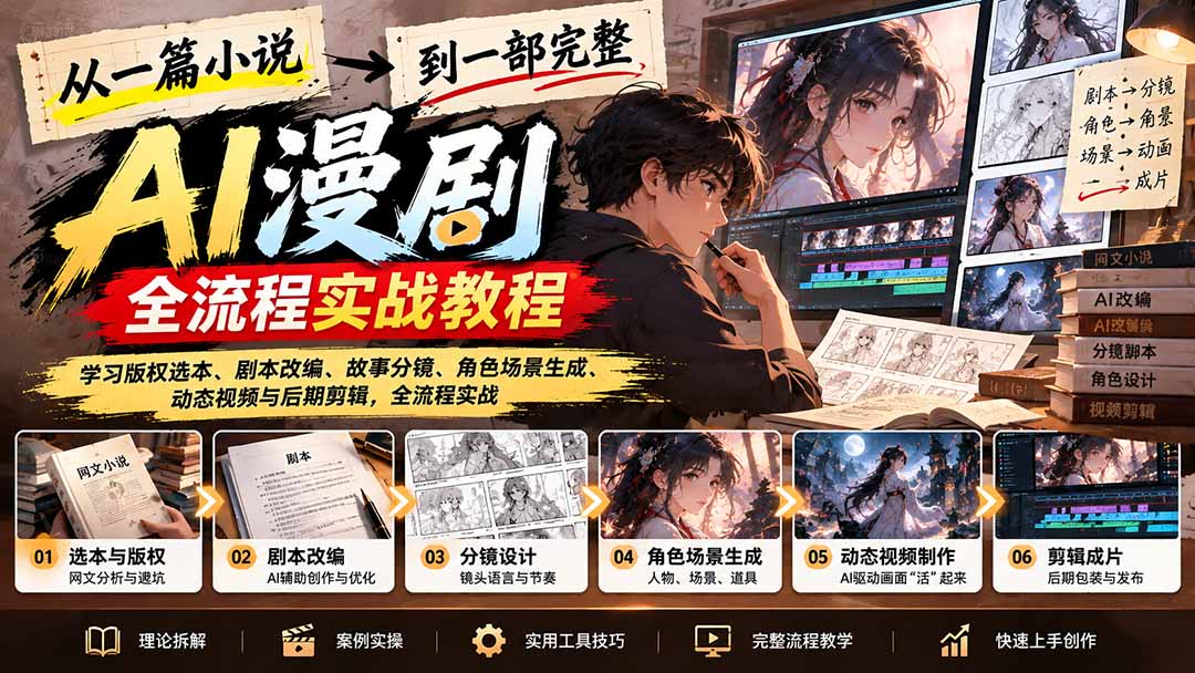 从一篇小说到一部完整AI漫剧：学习版权选本、剧本改编、故事分镜、角色场景生成、动态视频与后期剪辑|一人科技OPC聚合软件