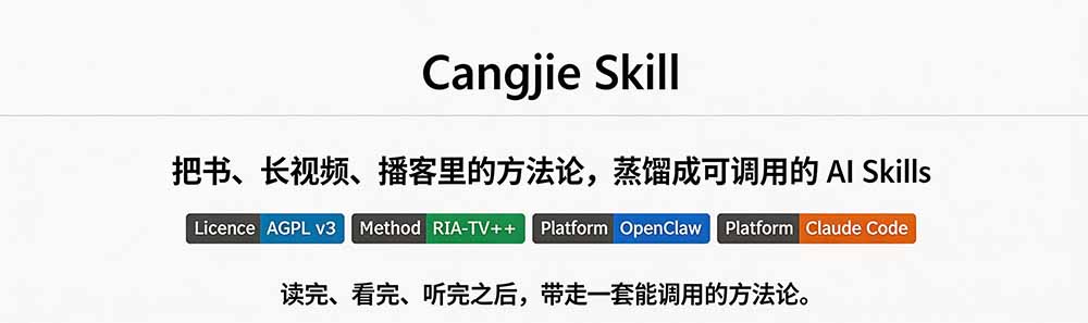 图片[1]|全网走红！GitHub上6.7K Star的开源项目，把任何书、长视频、播客蒸馏成AI工具，值得收藏 cangjie-skill|一人科技OPC聚合软件