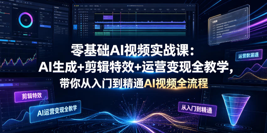 零基础AI视频实战课：AI生成+剪辑特效+运营变现全教学，带你从入门到精通AI视频全流程|一人科技OPC聚合软件