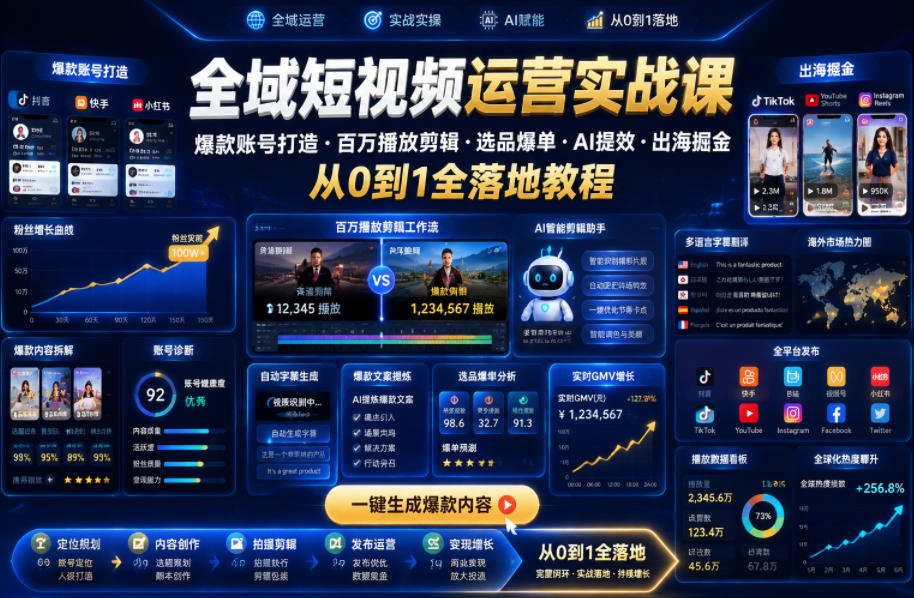 全域短视频运营实战课，爆款账号打造・百万播放剪辑・选品爆单・AI提效・出海掘金，从0到1全落地教程|一人科技公司导航