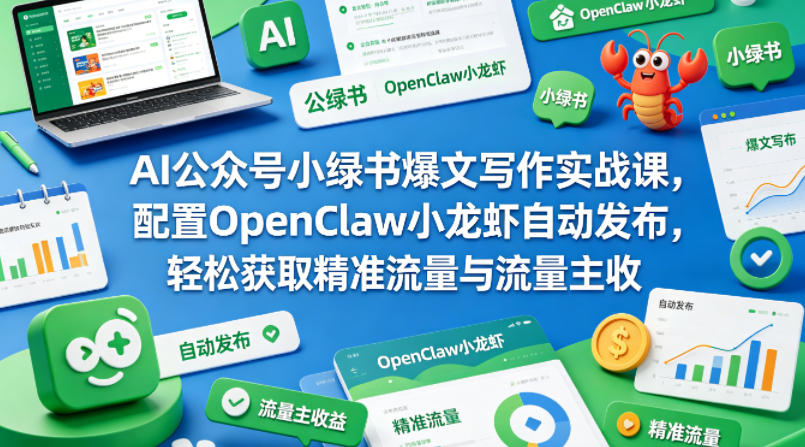 AI公众号小绿书爆文写作实战课，配置OpenClaw小龙虾自动发布，轻松获取精准流量与流量主收益|协议软件打粉软件