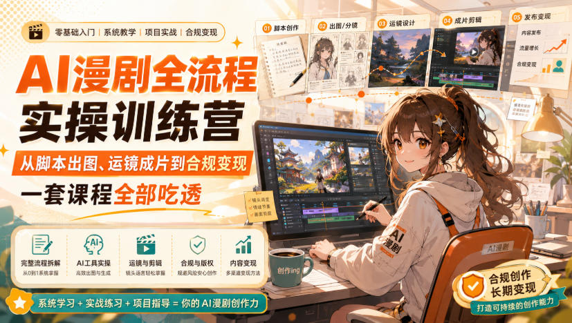 AI漫剧全流程实操训练营，从脚本出图、运镜成片到合规变现，一套课程全部吃透|一人科技OPC聚合软件