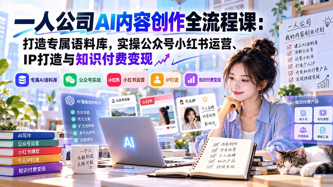 一人公司AI内容创作全流程课：打造专属语料库，实操公众号小红书运营、IP打造与知识付费变现方法论|一人科技OPC聚合软件