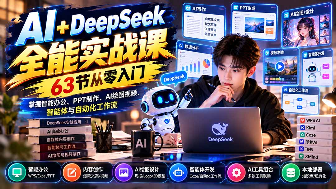 AI+DeepSeek全能实战课：63节从零入门，掌握智能办公、PPT制作、AI绘图视频、智能体与自动化工作流|一人科技OPC聚合软件