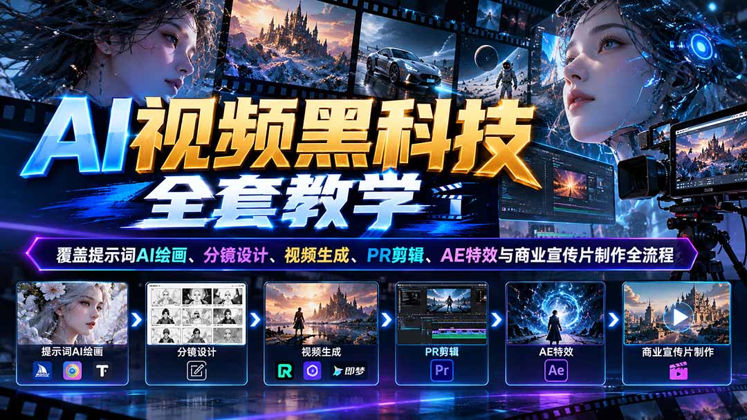 AI视频黑科技全套教学：覆盖提示词AI绘画、分镜设计、视频生成、PR剪辑、AE特效与商业宣传片制作全流程|一人科技OPC聚合软件