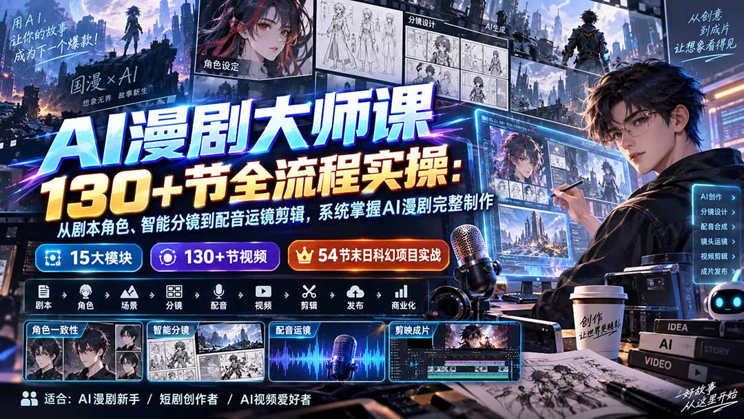 AI漫剧大师课130+节全流程实操：从剧本角色、智能分镜到配音运镜剪辑，系统掌握AI漫剧完整制作|一人科技OPC聚合软件