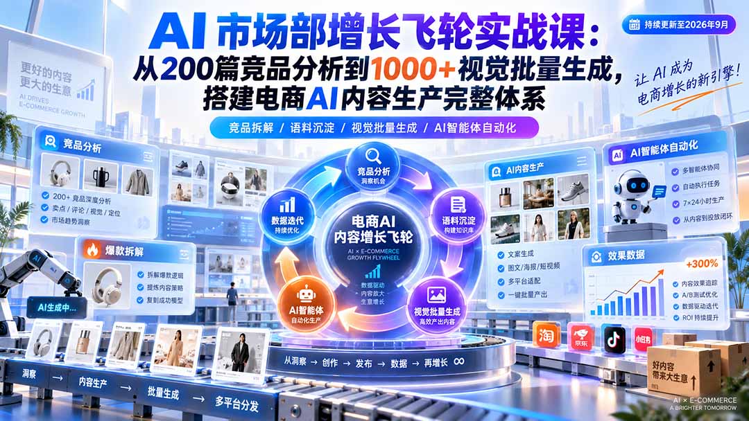 AI 市场部增长飞轮实战课：从200篇竞品分析到1000+视觉批量生成，搭建电商AI内容生产完整体系|一人科技OPC聚合软件