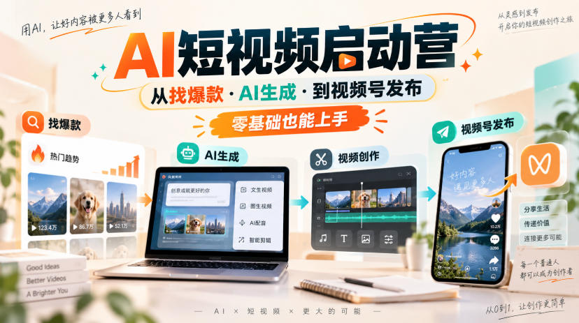 AI短视频启动营，从找爆款·AI生成·到视频号发布，零基础也能上手|一人科技OPC聚合软件