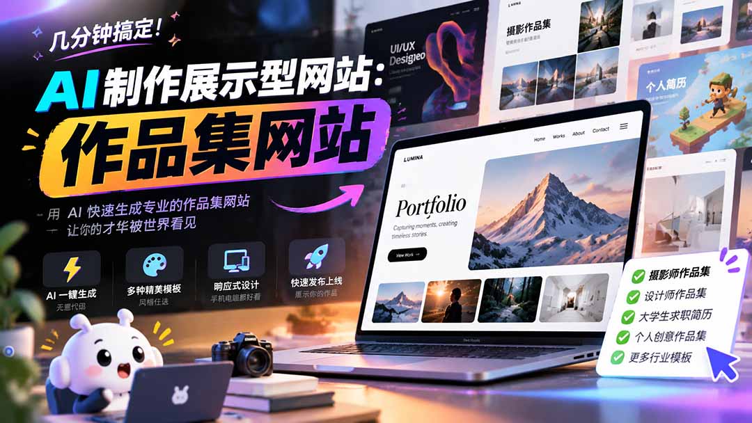 几分钟搞定，AI制作展示型网站制作：作品集网站，用AI快速生成专业的作品集网站，接单变现！|一人科技OPC聚合软件