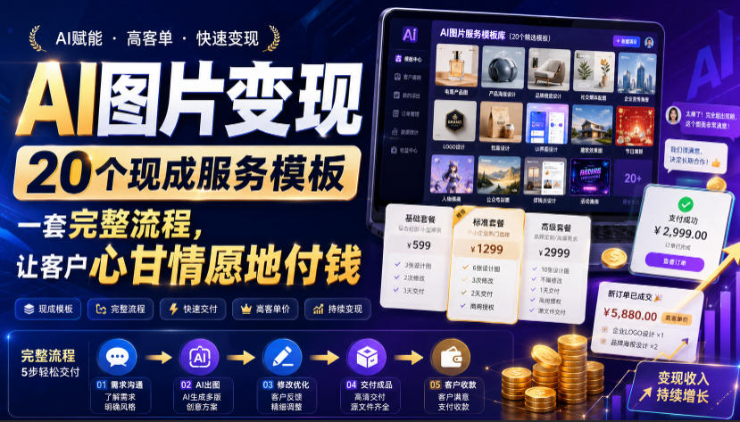 AI图片变现，20个现成服务模板，一套完整流程，让客户心甘情愿地付钱【原创双语字幕】|一人科技OPC聚合软件