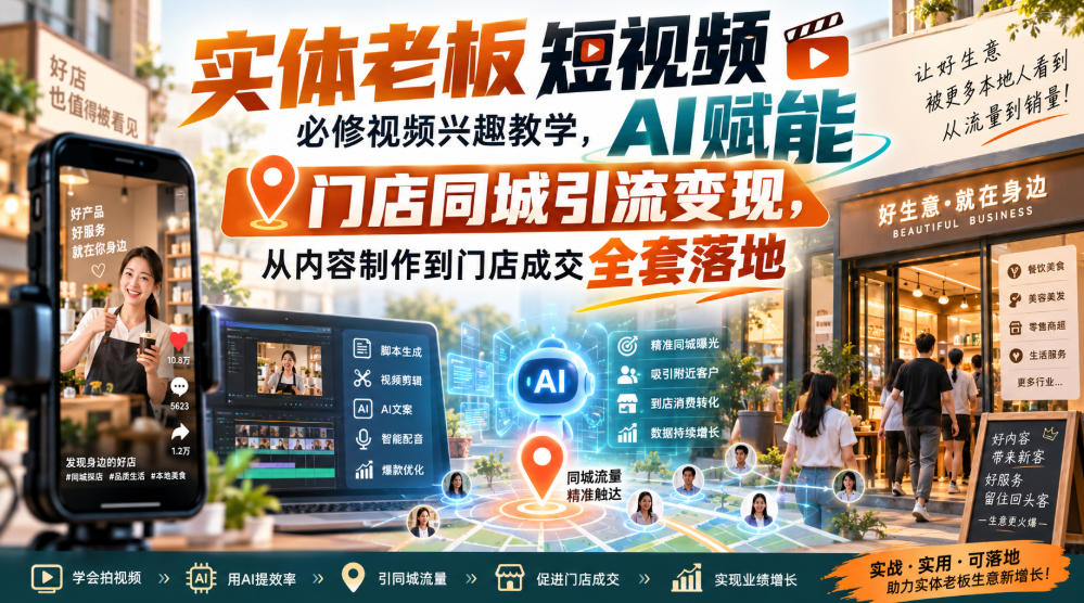 实体老板短视频必修视频兴趣教学，AI赋能门店同城引流变现，AI+短视频+直播打爆实体客流量|一人科技OPC聚合软件