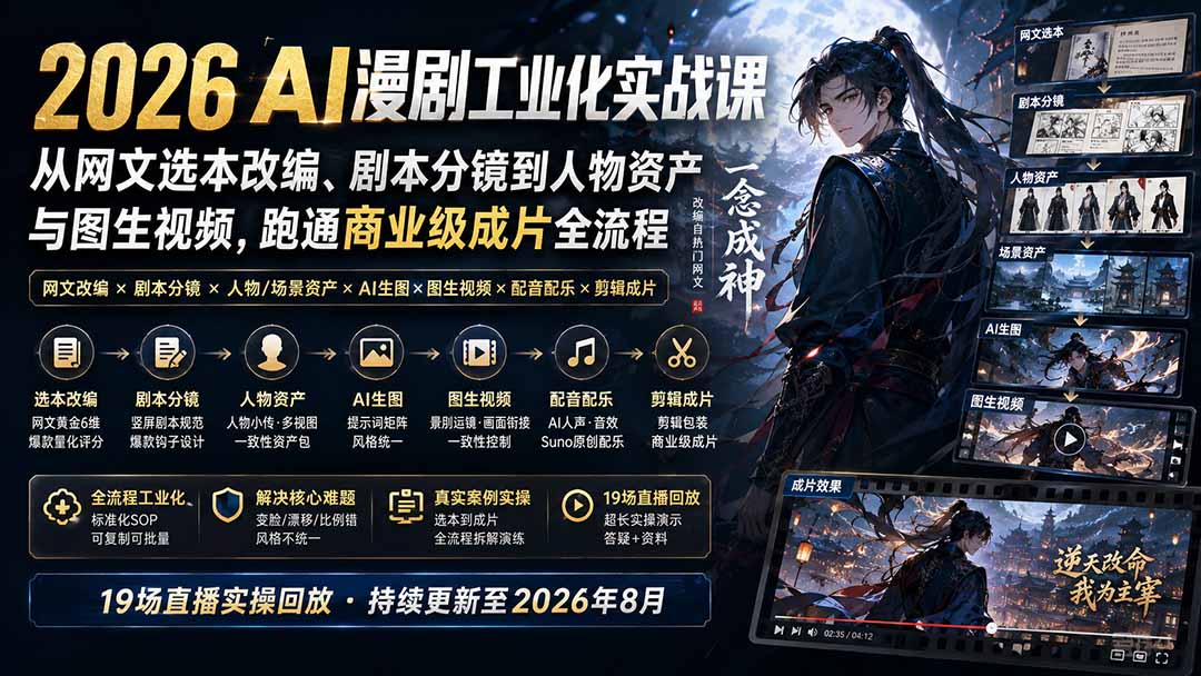 2026 AI漫剧工业化实战课-更新：从网文选本改编、剧本分镜到人物资产与图生视频，跑通商业级成片全流程|一人科技OPC聚合软件