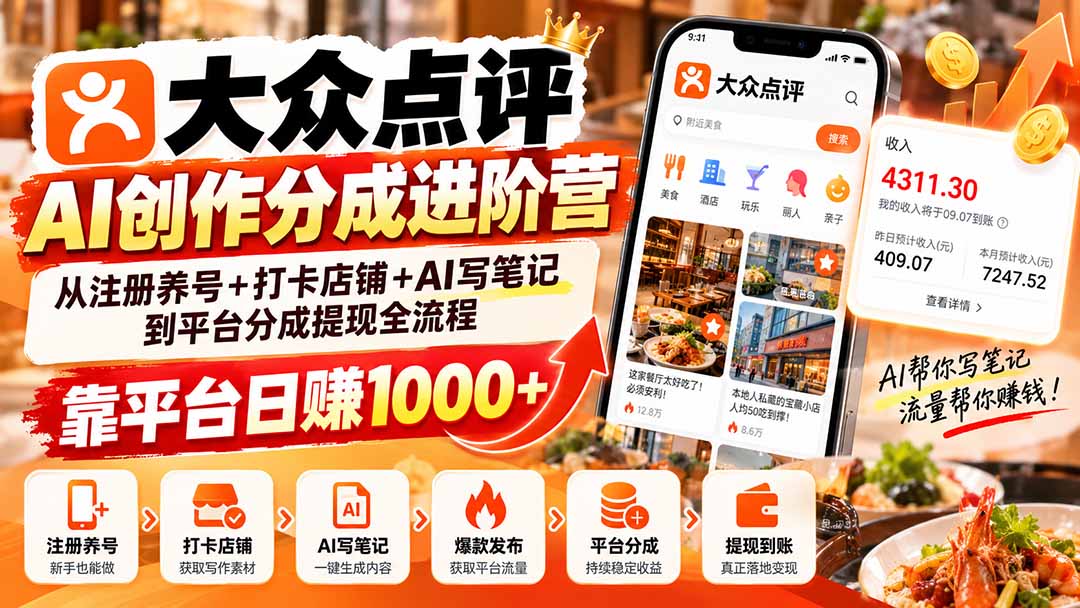 大众点评AI创作分成进阶营：从注册养号+打卡店铺+AI写笔记到平台分成提现全流程，靠平台日赚1000+|一人科技OPC聚合软件