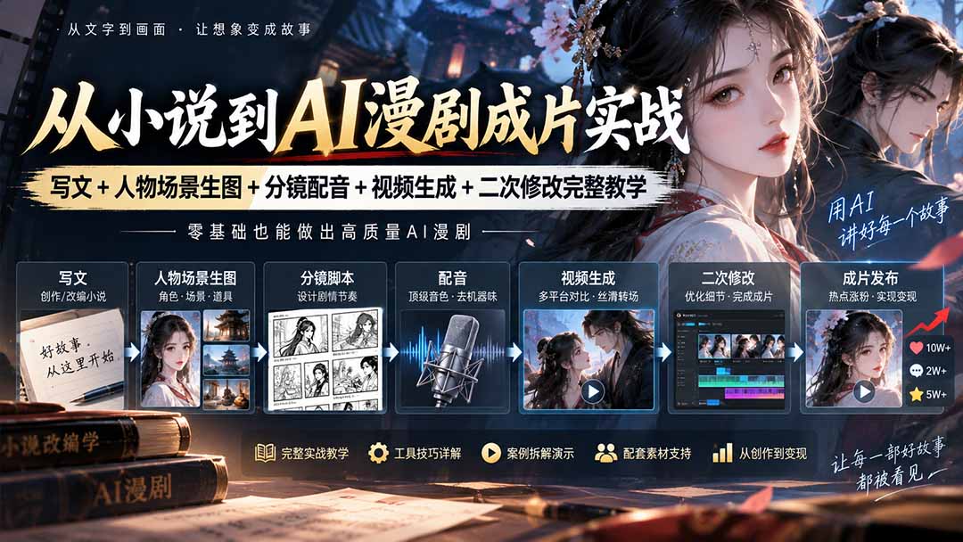 从小说到AI漫剧成片实战：写文+人物场景生图+分镜配音+视频生成+二次修改完整教学|一人科技OPC聚合软件