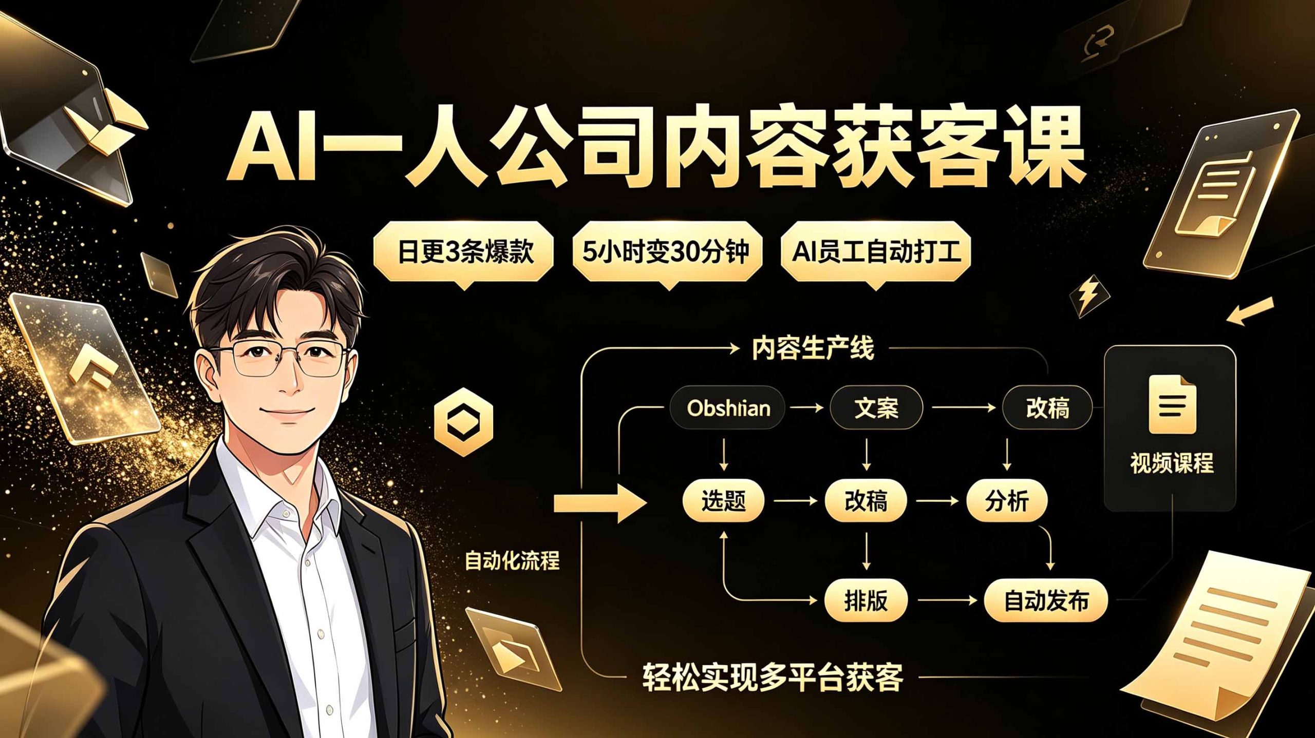 AI一人公司内容获客课：日更3条爆款×5小时变30分钟×AI员工自动打工，轻松实现多平台获客|一人科技OPC聚合软件