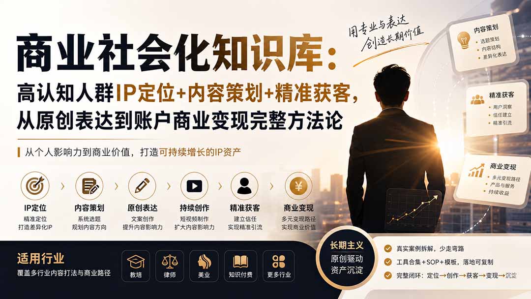 商业社会化知识库：高认知人群IP定位+内容策划+精准获客，从原创表达到账户商业变现完整方法论|一人科技OPC聚合软件