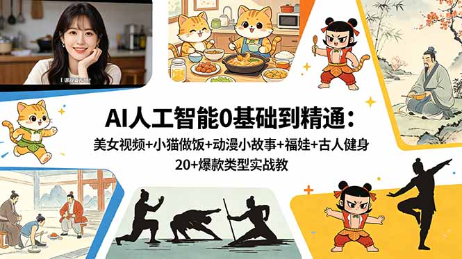 AI人工智能0基础到精通：美女视频+小猫做饭+动漫小故事+福娃+古人健身，20+爆款类型实战教学|一人科技公司导航