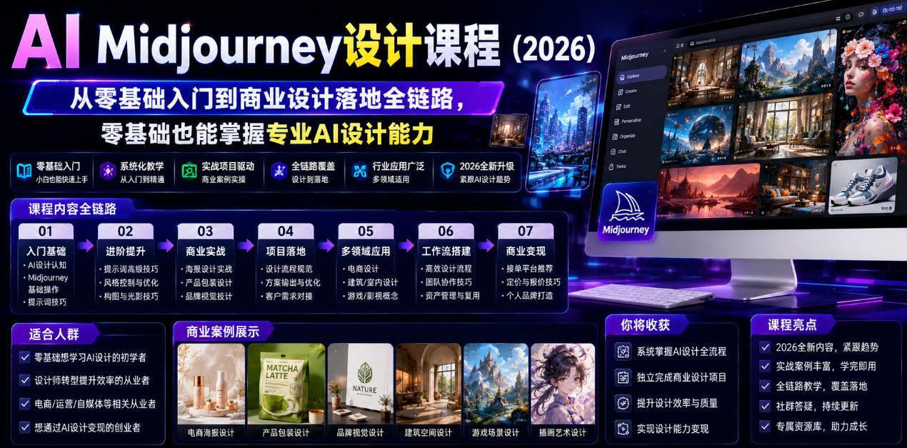 AI Midjourney设计课程(2026)，从零基础入门到商业设计落地全链路，零基础也能掌握专业AI设计能力(更新0913)|一人科技OPC聚合软件