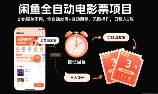 闲鱼全自动电影票项目，24h爆单不停，全自动发货+自动回复，无脑操作，日稳入3张【揭秘】|HOOK协议网