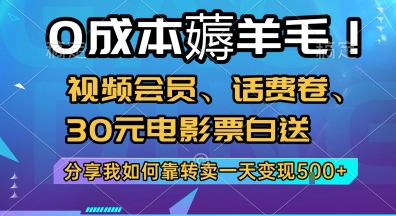 0成本薅羊毛!视频会员、话费卷、30元电影票白送，分享我如何靠转卖一天变现5张+【揭秘】|HOOK协议网
