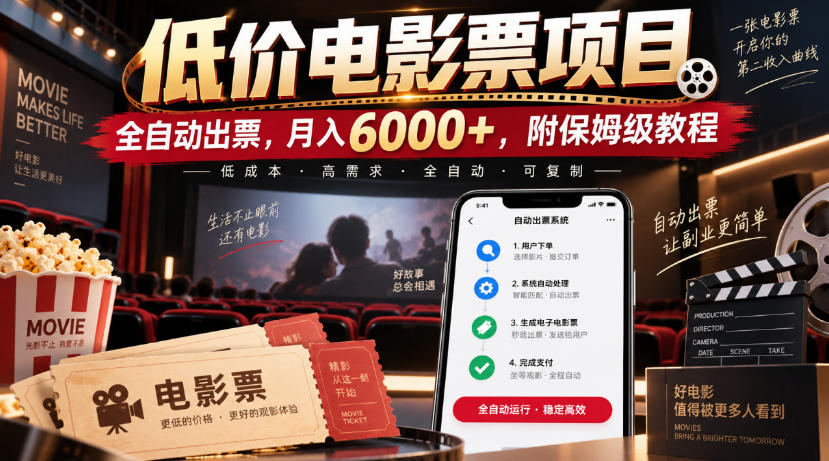 低价电影票项目，全自动出票，月入6000+，附保姆级教程【揭秘】|一人科技OPC聚合软件