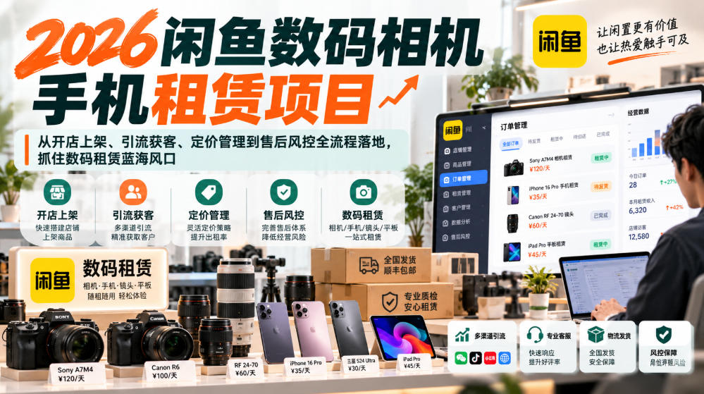 2026闲鱼数码相机手机租赁项目，从开店上架、引流获客、定价管理到售后风控全流程落地，抓住数码租赁蓝海风口|一人科技OPC聚合软件