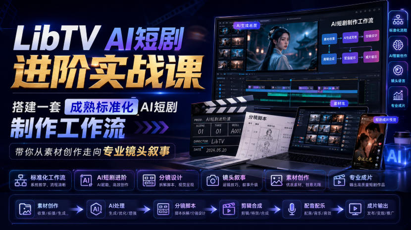 LibTV AI短剧进阶实战课，搭建一套成熟标准化AI短剧制作工作流，带你从素材创作走向专业镜头叙事(更新)|一人科技OPC聚合软件