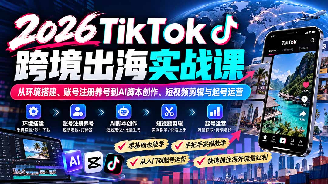 2026TikTok跨境出海实战课：从环境搭建、账号注册养号到AI脚本创作、短视频剪辑与起号运营|一人科技OPC聚合软件