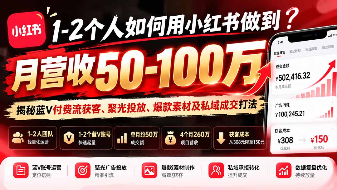 1-2个人如何用小红书做到月营收50-100万？揭秘蓝V付费流获客、聚光投放、爆款素材及私域成交打法|一人科技OPC聚合软件