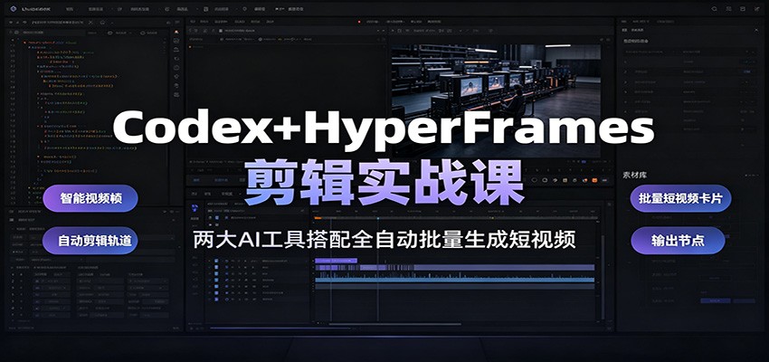 Codex+HyperFrames剪辑实战课：两大AI工具搭配全自动批量生成短视频|一人科技OPC聚合软件