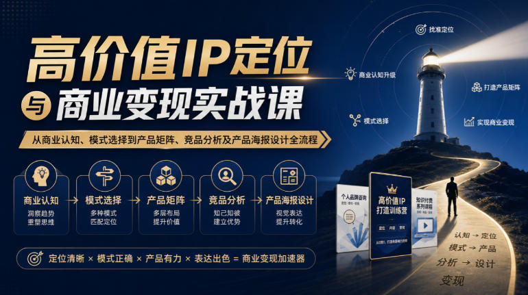 【无水印】高价值IP定位与商业变现实战课，从商业认知、模式选择到产品矩阵、竞品分析及产品海报设计全流程|一人科技OPC聚合软件